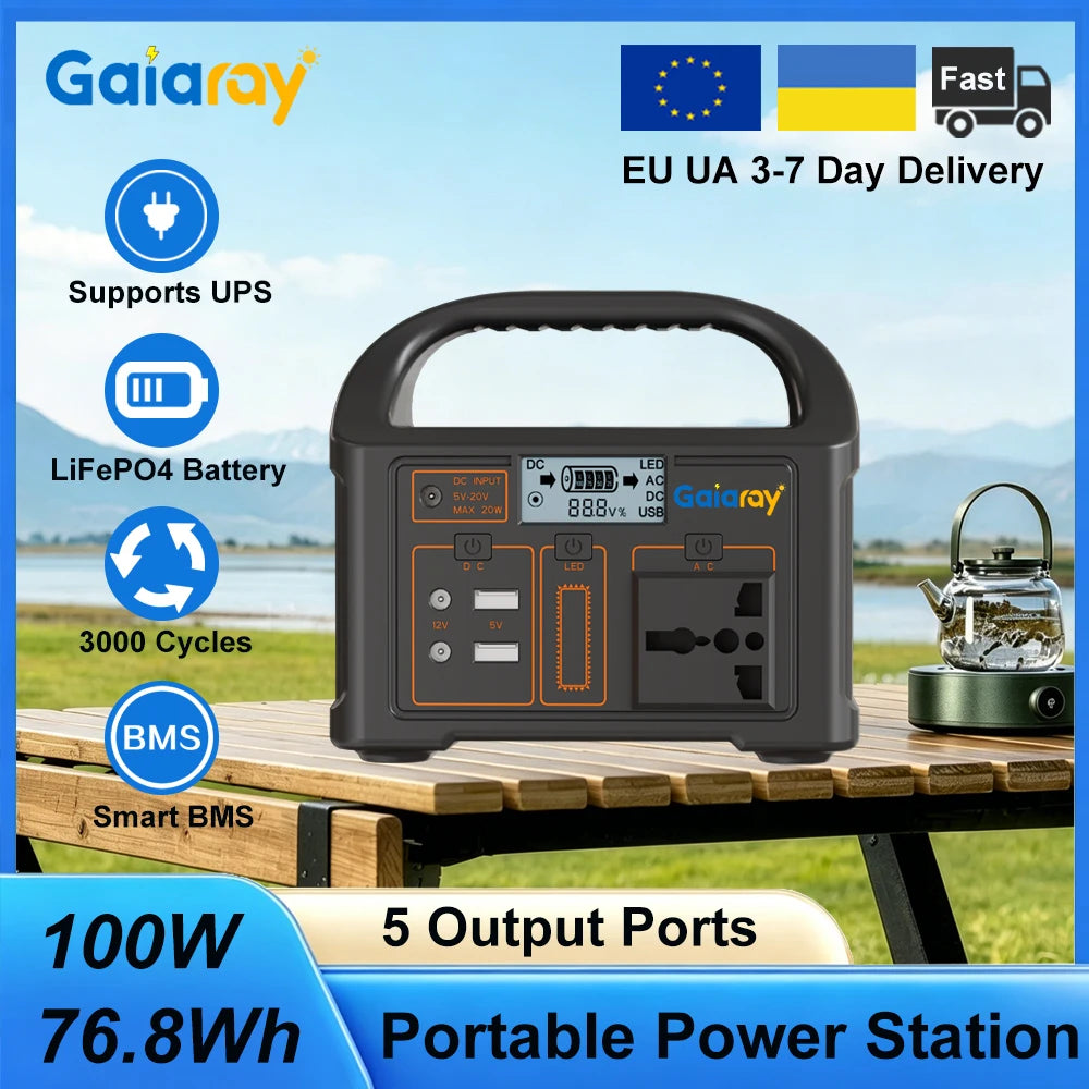 Gaiaray 100W All-in-one Power Station AC 220V Solar Generator   76.8Wh LiFePO4 Battery Emergency Portable Power Plant LED Light UPS Backup Power Bank For Outdoor Camping Travel Fishing Tool