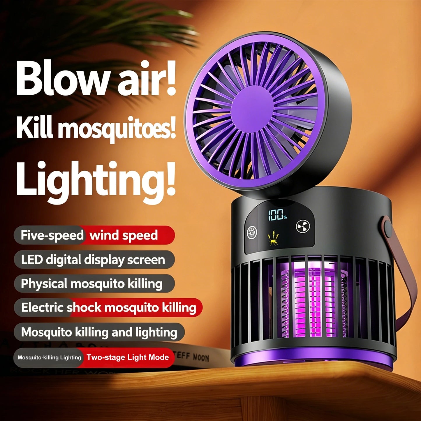 Electric Mosquito Killer Lamp UV Trap Lamp Shock Mosquito/ Desktop Fan/ Lighting lamp 3-In-1 Outdoor Mosquito Zapper Household