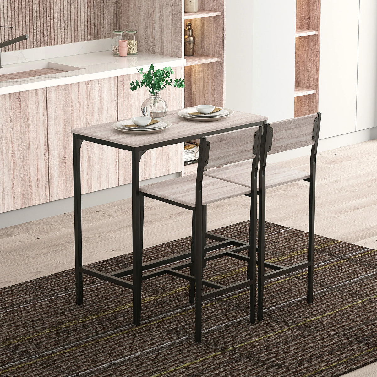 HOMCOM 835-135 barbord med 2 sittmöbler – trädekor och svart metall
