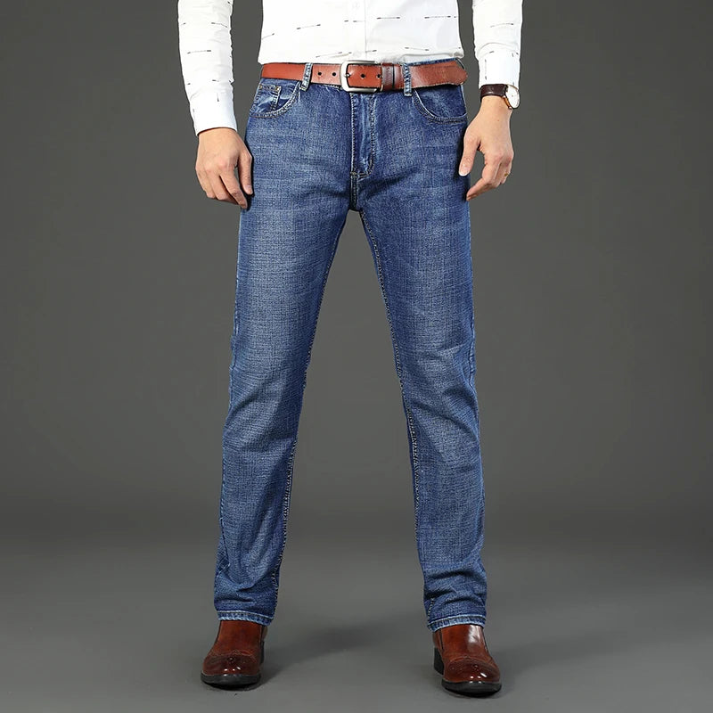 Classic Business Casual Jeans Men 2026 New Fashion Blue Slim Stretch Denim Trousers Male High Pants Men Clothing
