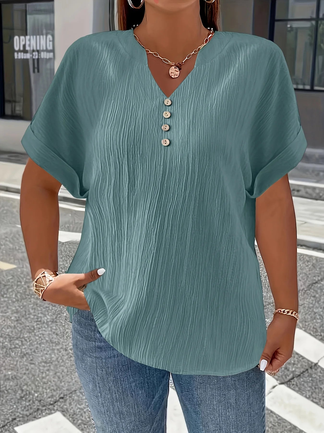 Dam Plus Size Krinklad Blus – Kortarm Knappdetalj Avslappnad Casual Året Runt, 10 Färger 1XL–5XL