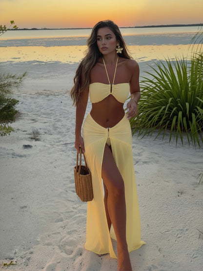 3-delad Bikiniset med Genomskinlig Maxikjol – Halterneck, Strand och Pool, S–L