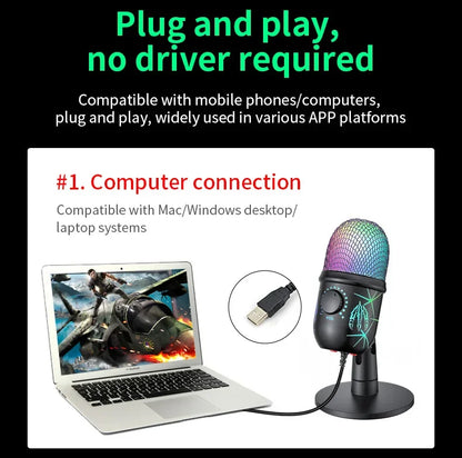 RGB Condenser Microphone with Breathing Light Desktop Mic Stand for Laptop PC Live Streaming Video Conference Online Game