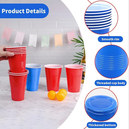 Beer Pong Game Set & Party Cups with Ping Pong Balls Recyclable Plastic Cups for Birthday BBQ Picnic Graduation House Party Work