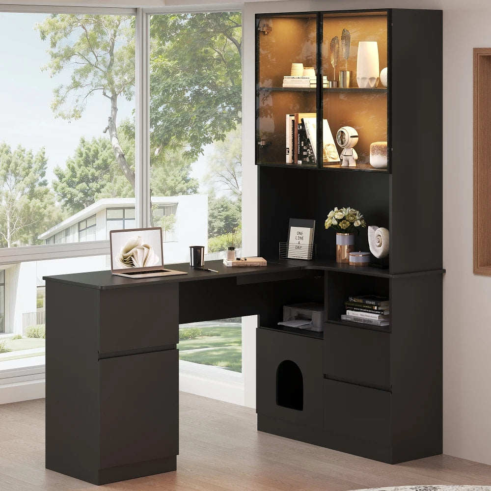 Corner Desk with Shelf and LED Display Cabinet, Desk with Cable Outlet, 3 Drawers, 2 Doors, Open Compartments, Built-in Bookcase