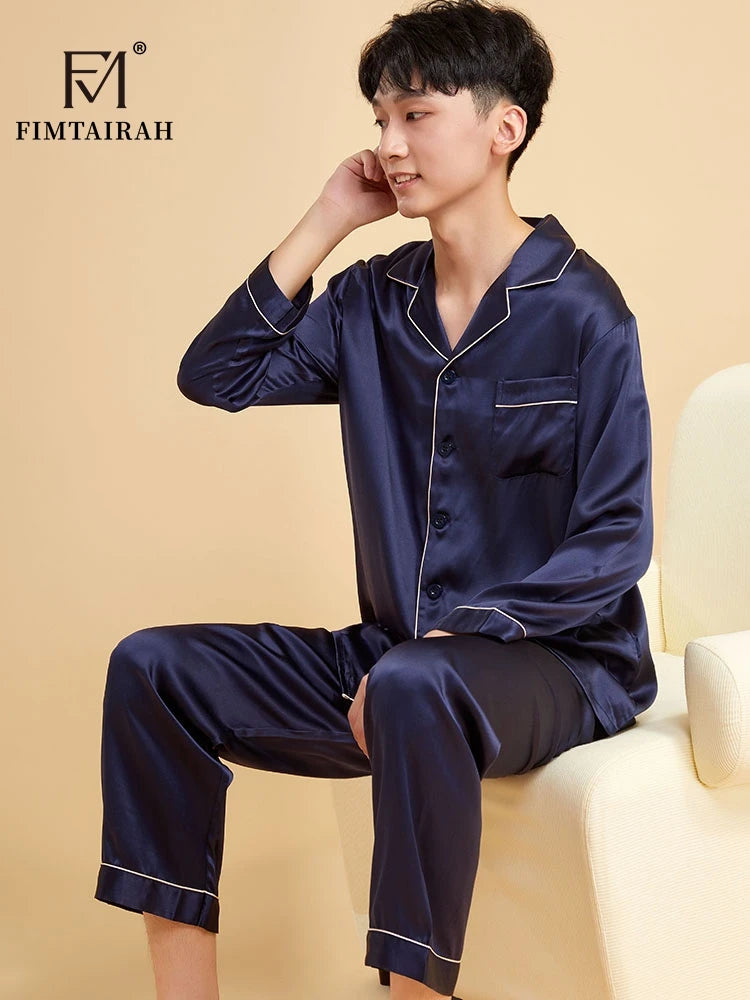 Fimtairah Real 19MM 100% Mulberry Silk Pajamas Men's Autumn  Hangzhou Solid Color heavy Silk Home Wear Men's