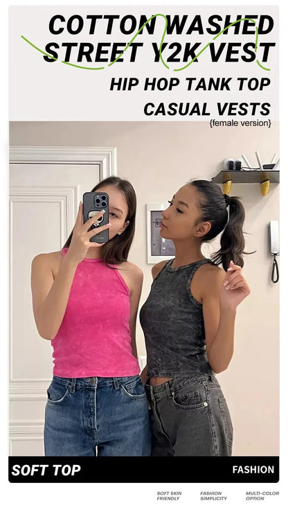 Dam Y2K Bomull Linne Crop Top – Tight Washed Streetwear Casual Sommar, 10 Färger M–XXL