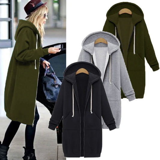 Dam Hoodie Parka 2026 – Tjock Lös Sweatshirt med Huva, Ficka & Dragkedja Höst Vinter S–XXXL