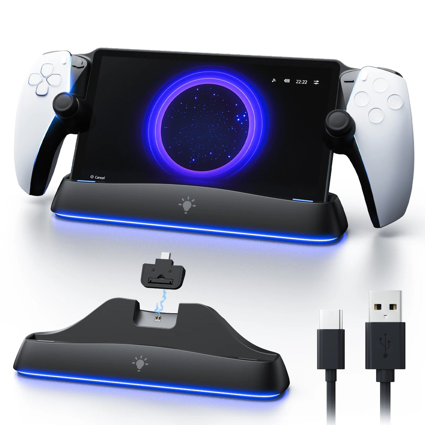 HONCAM Auto Align Charging Dock for PlayStation Portal 7 RGB Light Modes Portable Dock Station with USB-C Charging Cable