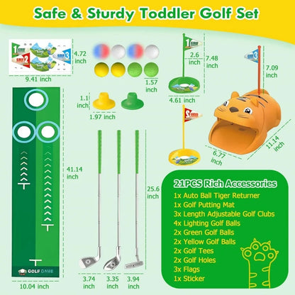 Upgraded Kids Golf Set With  Automatic Golf Returner 3 Clubs Putting Mat Mini Golf Games For Outdoor Sports Party Toy Gift