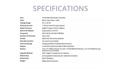 RadioMaster TX16S MK3 MAX RC-Sändare – 2.4GHz & 900MHz ExpressLRS 5" IPS EdgeTX AG02 CNC Hall Gimbal 16ch 2026