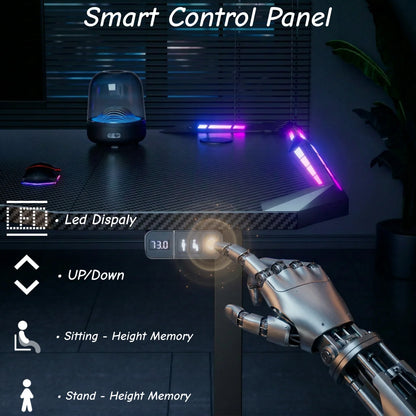 120/140/160cm Electric Height Adjustable Table, Ergonomic Gaming Desk with LED Lights, Carbon Fiber Desktop for Home Office