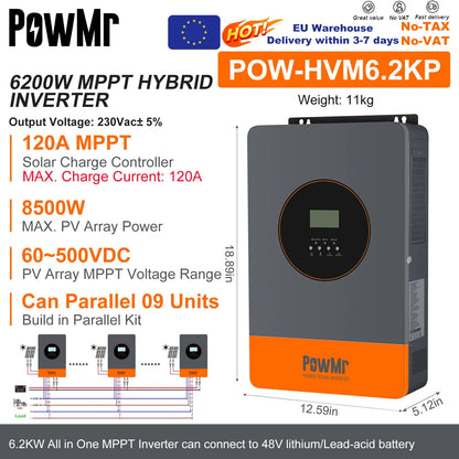 PowMr Hybrid Solväxelriktare 2kW–11kW – Ren Sinusvåg MPPT 120A 12V/24V/48V 220V LiFePO4/Litium/Blåsyra WiFi EU-lager CE