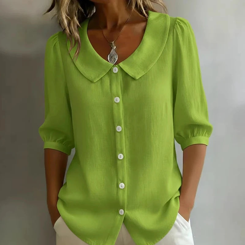 Lös Bomull-Linne Skjorta Dam – Kortärmad, Knappar, Casual Blus, 7 Färger, S–XXXL