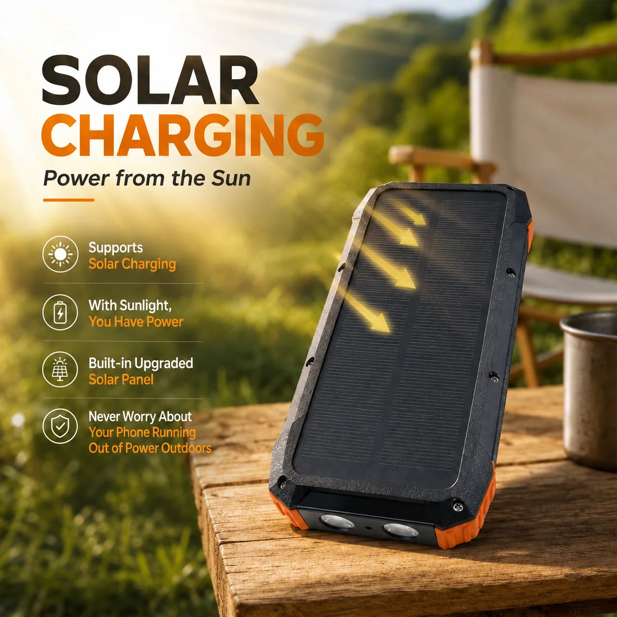 Rscrola Solcells Powerbank 50000mAh – 22,5W Trådlös Snabbladdning Inbyggda Kablar LED-ficklampa Camping Resor