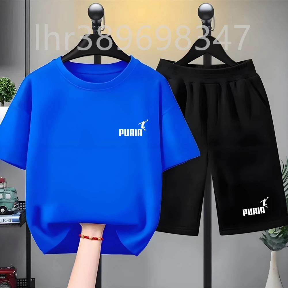 Summer Kids Print 2pcs Breathable Tees+Shorts Leisure Suits 3-12 Years Boys Girls Outfits Children Cool Black White Clothes