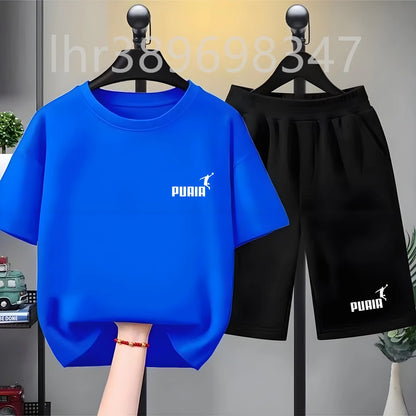 Summer Kids Print 2pcs Breathable Tees+Shorts Leisure Suits 3-12 Years Boys Girls Outfits Children Cool Black White Clothes