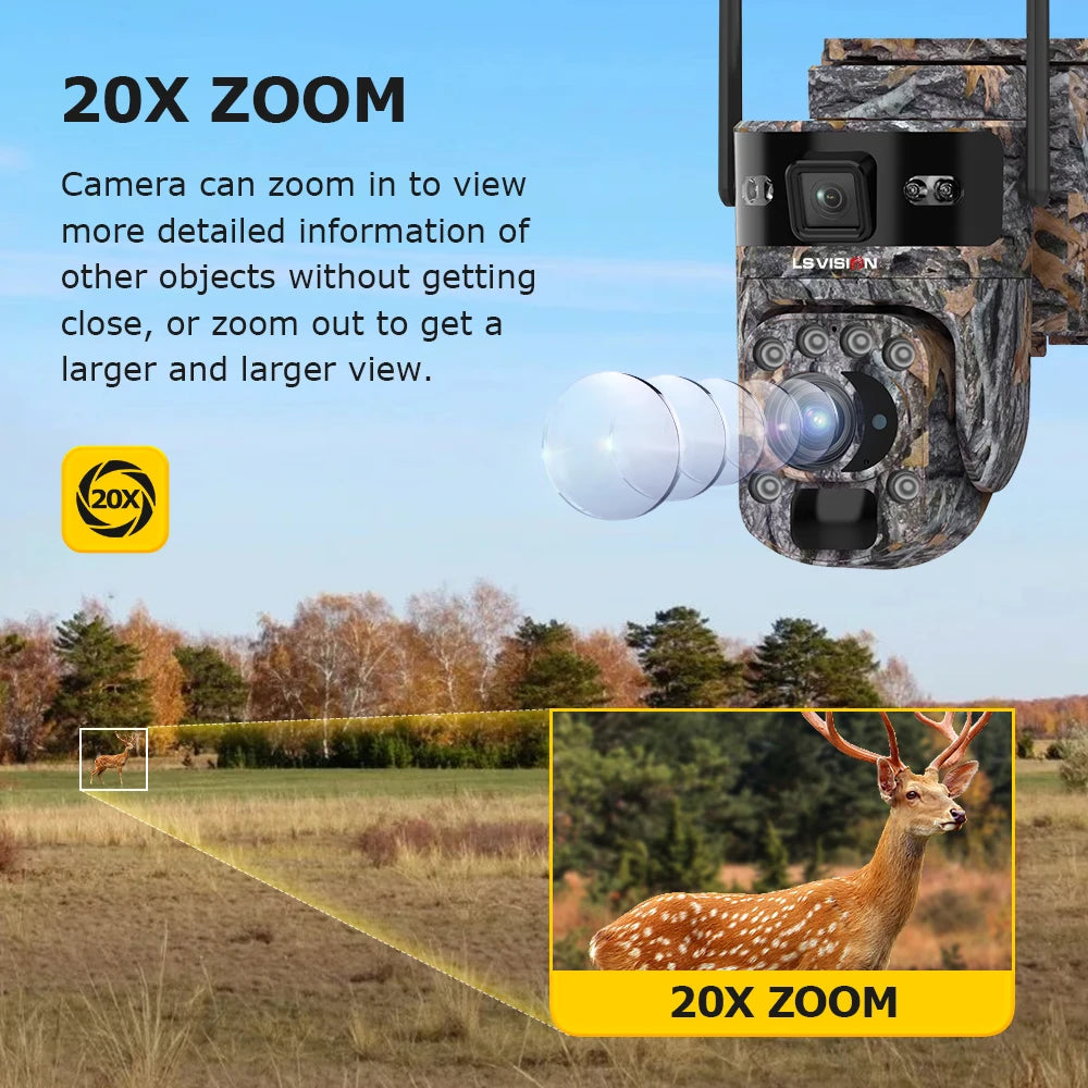 LS VISION 12MP 20X Optical Zoom 4G/ WiFi Solar Camera Outdoor Camouflage PTZ Cameras Surveillance CCTV Solar Hunting Camera Ubox
