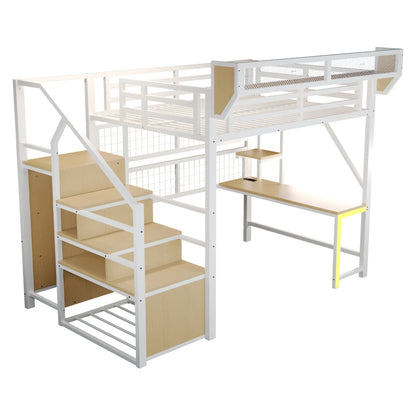 90×200cm & 140*200cm Metal High Bed, with Desk, Shelf and Storage Net, Complete with Safety Ladder, LED Lighting and Socket