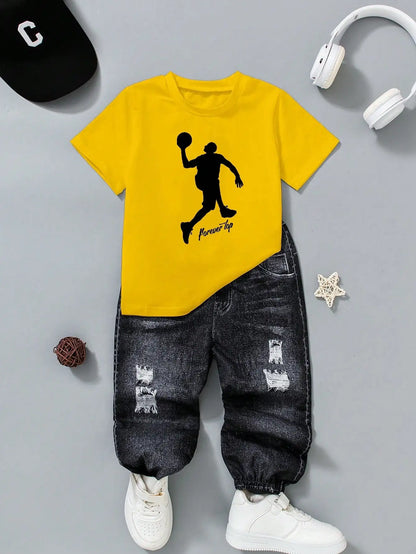 (143) Boys' Casual Street Fashion Printed Knit Pants Set, Suitable for Street Photography and Everyday Wear for Boys Aged 4-7
