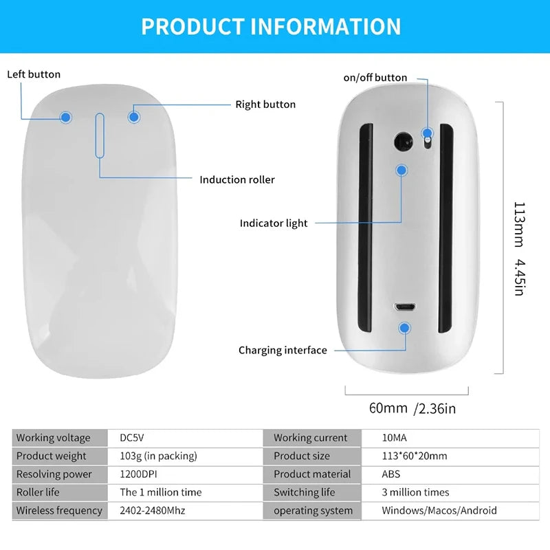Magic Mouse-stil Trådlös Mus Bluetooth 5.0 Multi-Touch – MacBook Pro/Air/Mini iPad Laptop PC, 4 Färger
