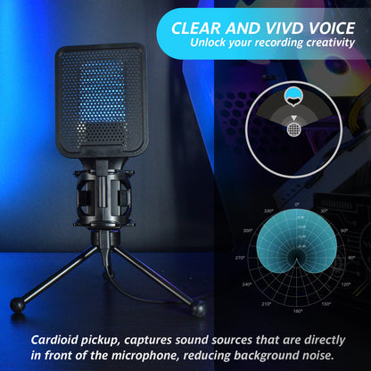 Gaming Microphone Professional Condenser Mic PC Laptop Computer Mike RGB USB Wired Studio Streaming Podcast Gamer Karaoke PC Kit