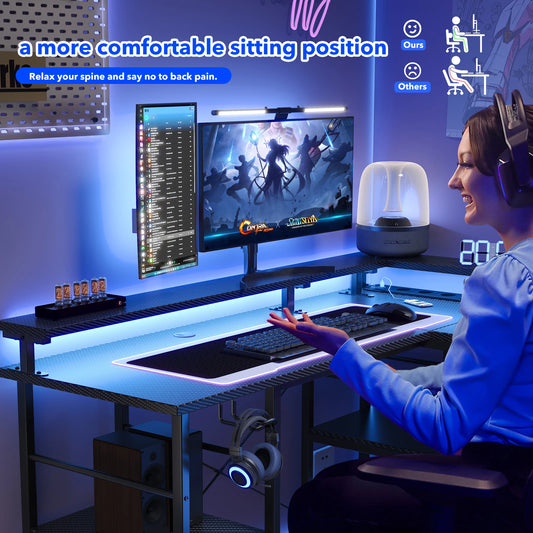 L-format gamingbord 230 cm hörnskrivbord datarbord med RGB LED, uttag och bildskärmsställ