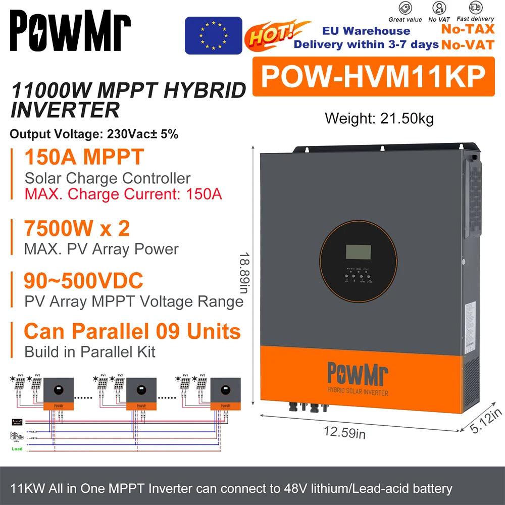 PowMr Hybrid Solväxelriktare 2kW–11kW – Ren Sinusvåg MPPT 120A 12V/24V/48V 220V LiFePO4/Litium/Blåsyra WiFi EU-lager CE