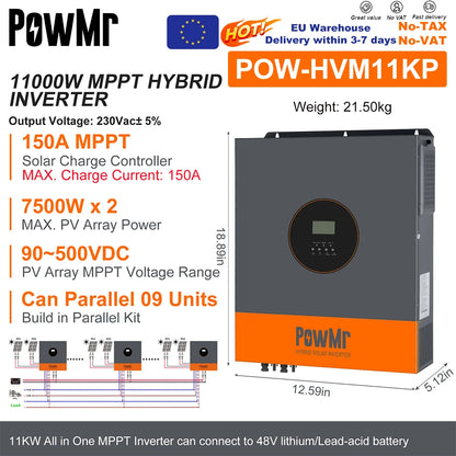 PowMr Hybrid Solväxelriktare 2kW–11kW – Ren Sinusvåg MPPT 120A 12V/24V/48V 220V LiFePO4/Litium/Blåsyra WiFi EU-lager CE