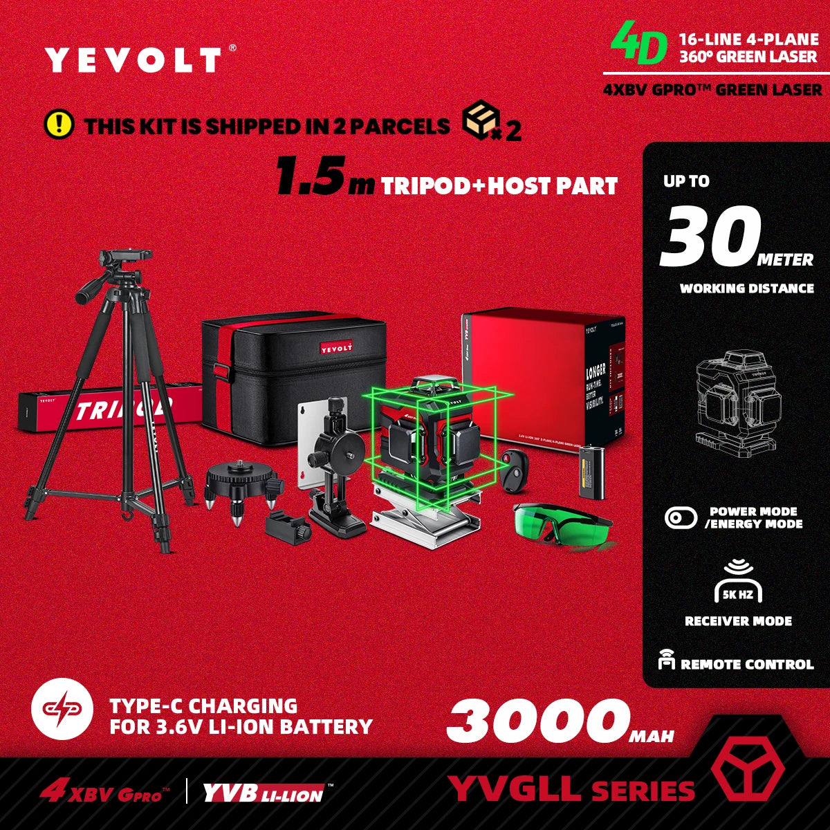 YEVOLT YVGLL4XS16 Grön Lasernivå – 4 Plan, 16 Linjer, Självnivellerande 360° 3D