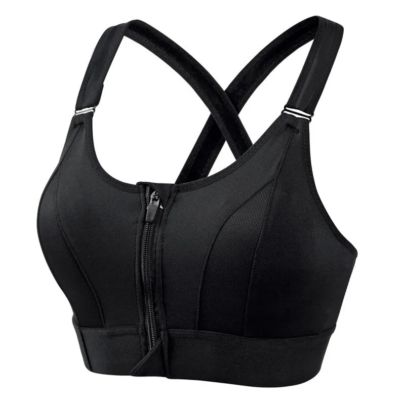 Women High Impact Shockproof Sports Bra Front Zip Adjustable Shoulder Straps Back Support Yoga Running Fitness Bralette