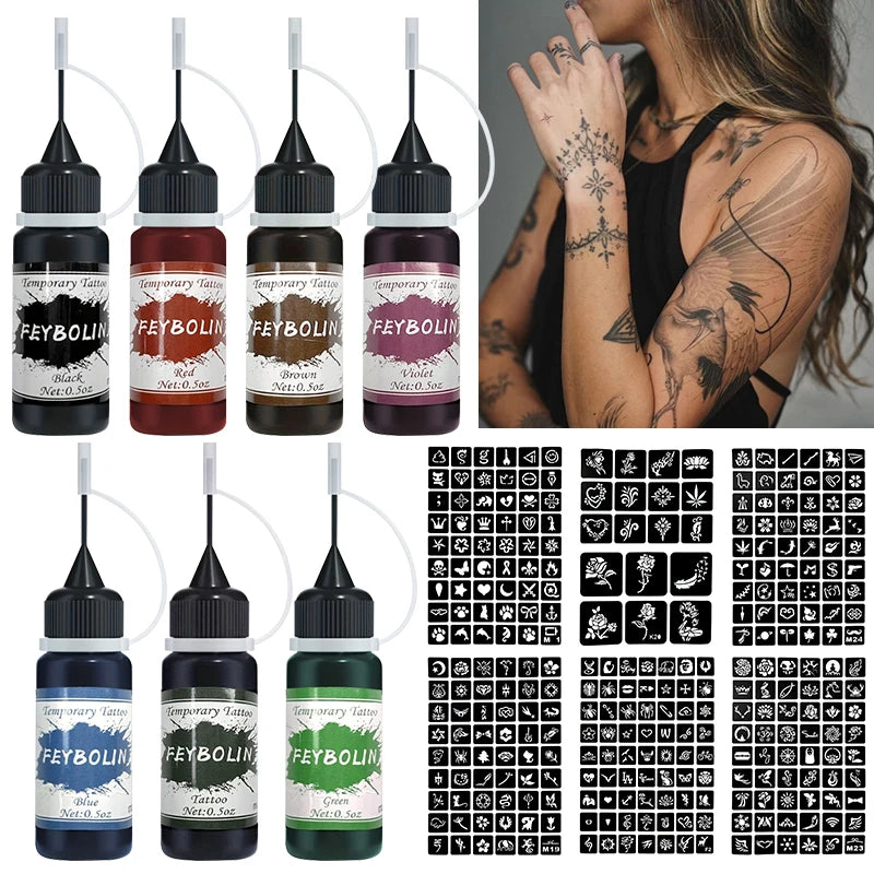 DIY Temporary Tattoo Kit with Stencils-7 Vibrant Colors with 6 Stencil Sheets Ttotal 288 Patterns,Body Art Paints for Halloween