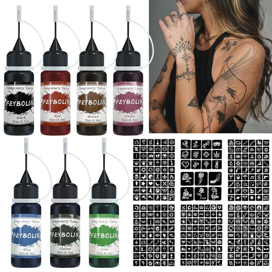 DIY Tillfälligt Tatueringskit med Stenciler – 7 Livfulla Färger, 6 Stencilark (288 Motive), Kroppsfärg för Fest & Halloween 2026
