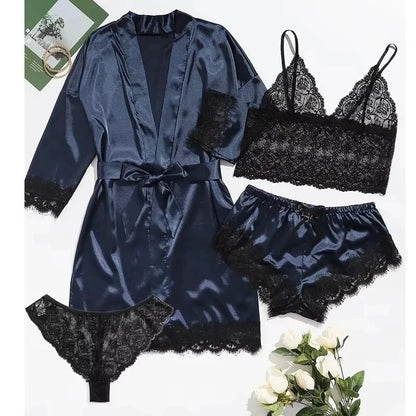 Pyjamasset dam med satinkänsla och spets – sex färger, S–2XL