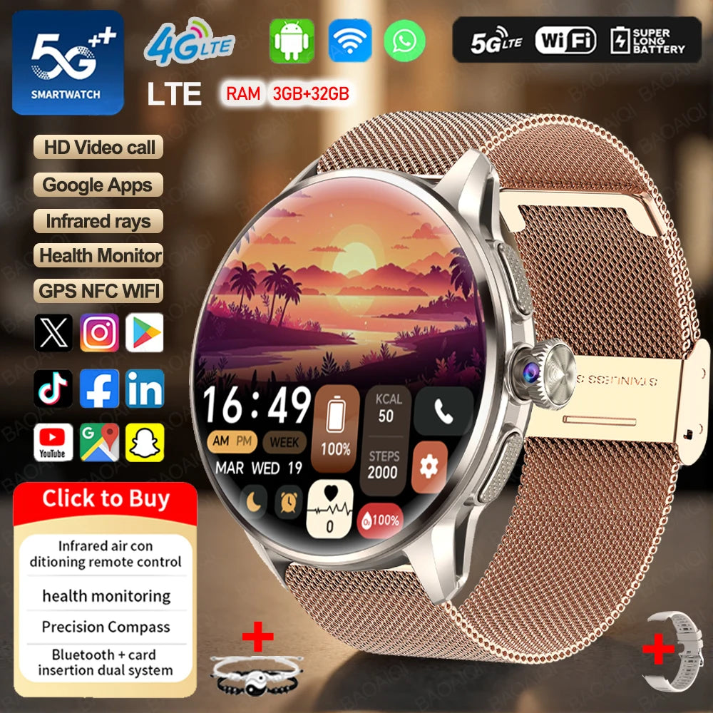 4G/3G Full Network Infrared Smart Watch 1.60 inch AMOLED Screen 800W Video Call  2100mAh Google Play WIFI GPS Compass Smartwatch