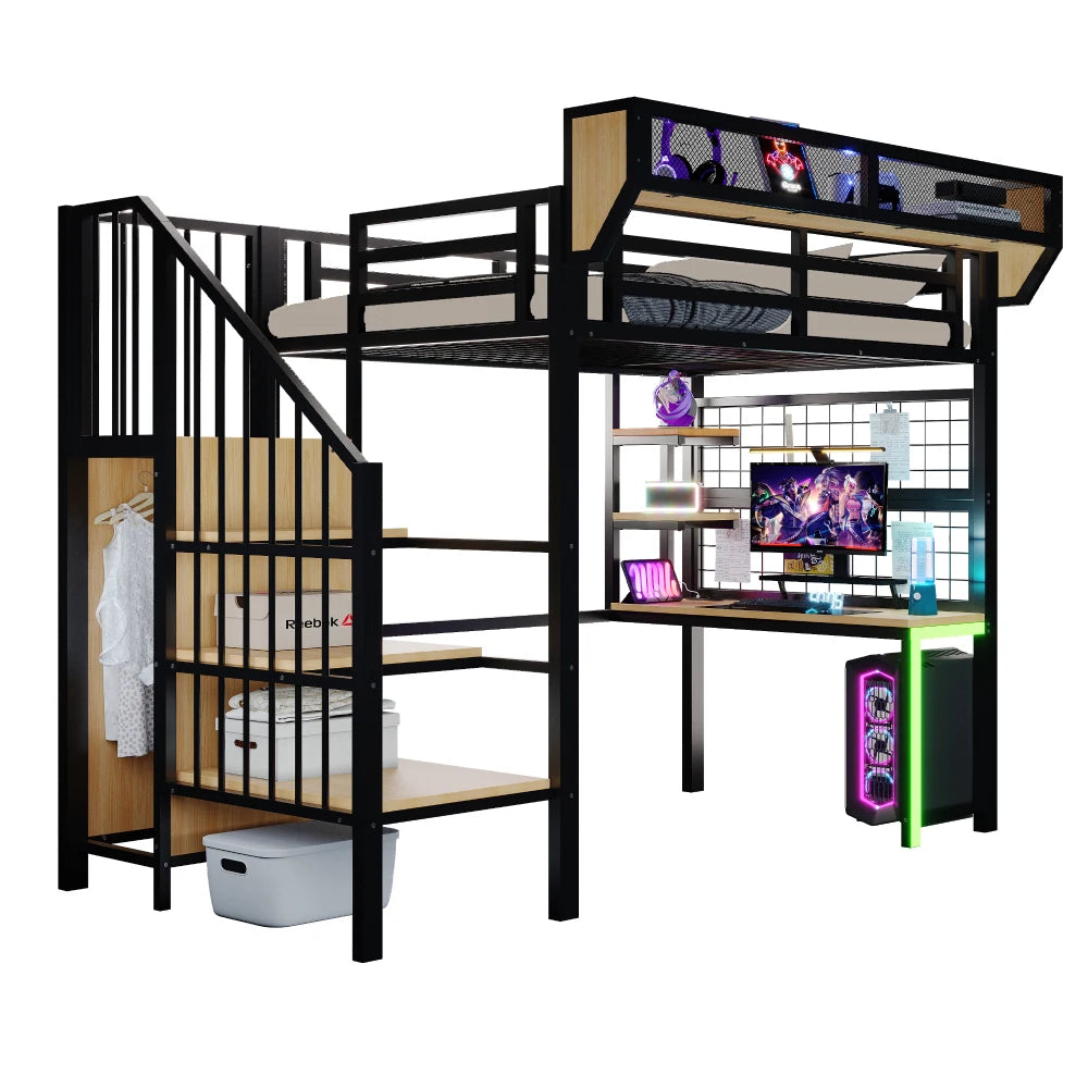 90×200cm & 140*200cm Metal High Bed, with Desk, Shelf and Storage Net, Complete with Safety Ladder, LED Lighting and Socket