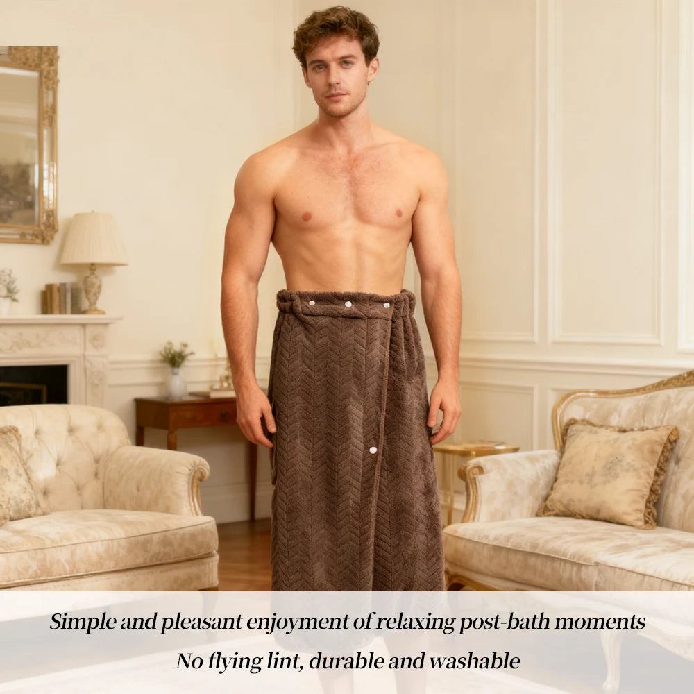 Men's Bath Skirt - Quick-Dry Spa Wrap with Adjustable Waist, Super Soft Coral Fleece Showerrobe, Highly Absorbent Post