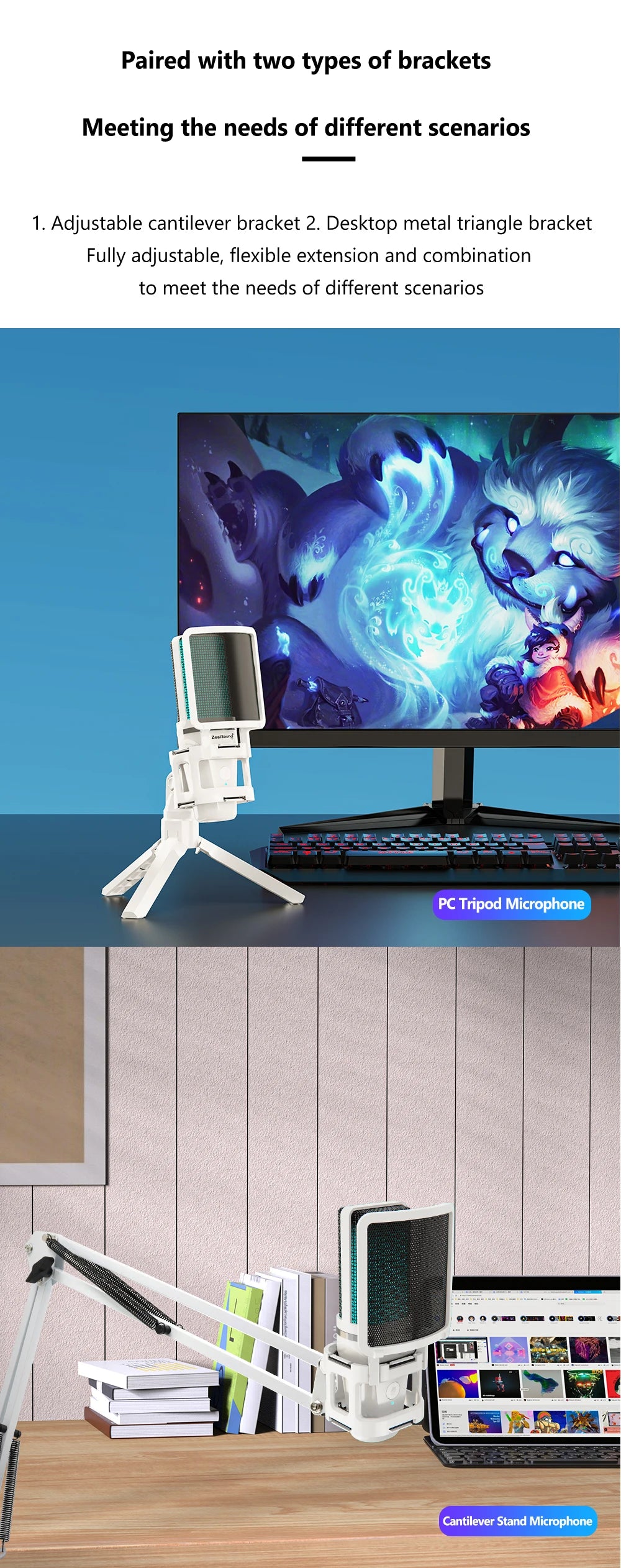 Vit USB-kondensatormikrofon med RGB och mikrofonarm för streaming