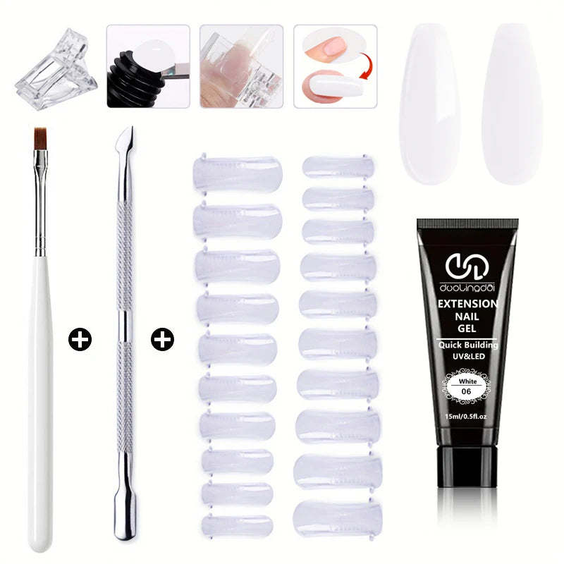 Salon & Home Nail Art Kit - 0.51oz Odorless Quick Build Gel Extension Set with 20 Nail Forms & Tools | Professional UV Sculpting