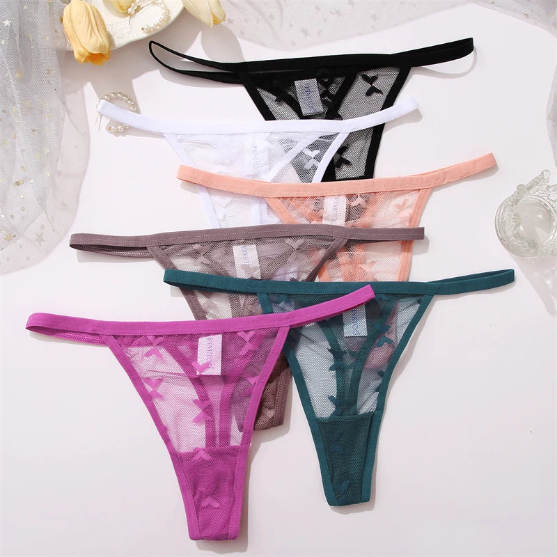 FINETOO Women Sexy Lace Thong Low Waist Hollow Out G-String Female Seamless Transparent T-Back Underwear Solid Intimates Panties