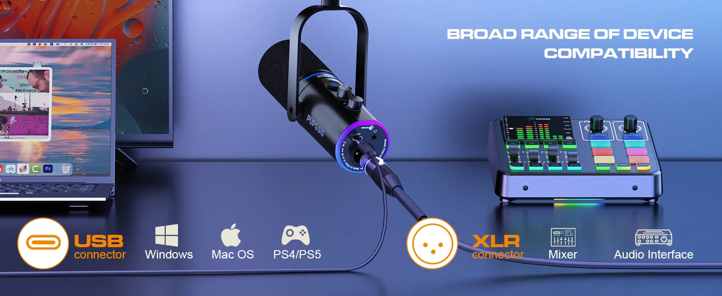 XLR/USB Gaming Microphone Kit: Dynamic PC Mic for Streaming Podcasting,  Mute Button, Reverb Effects, RGB Computer Mic with Arm