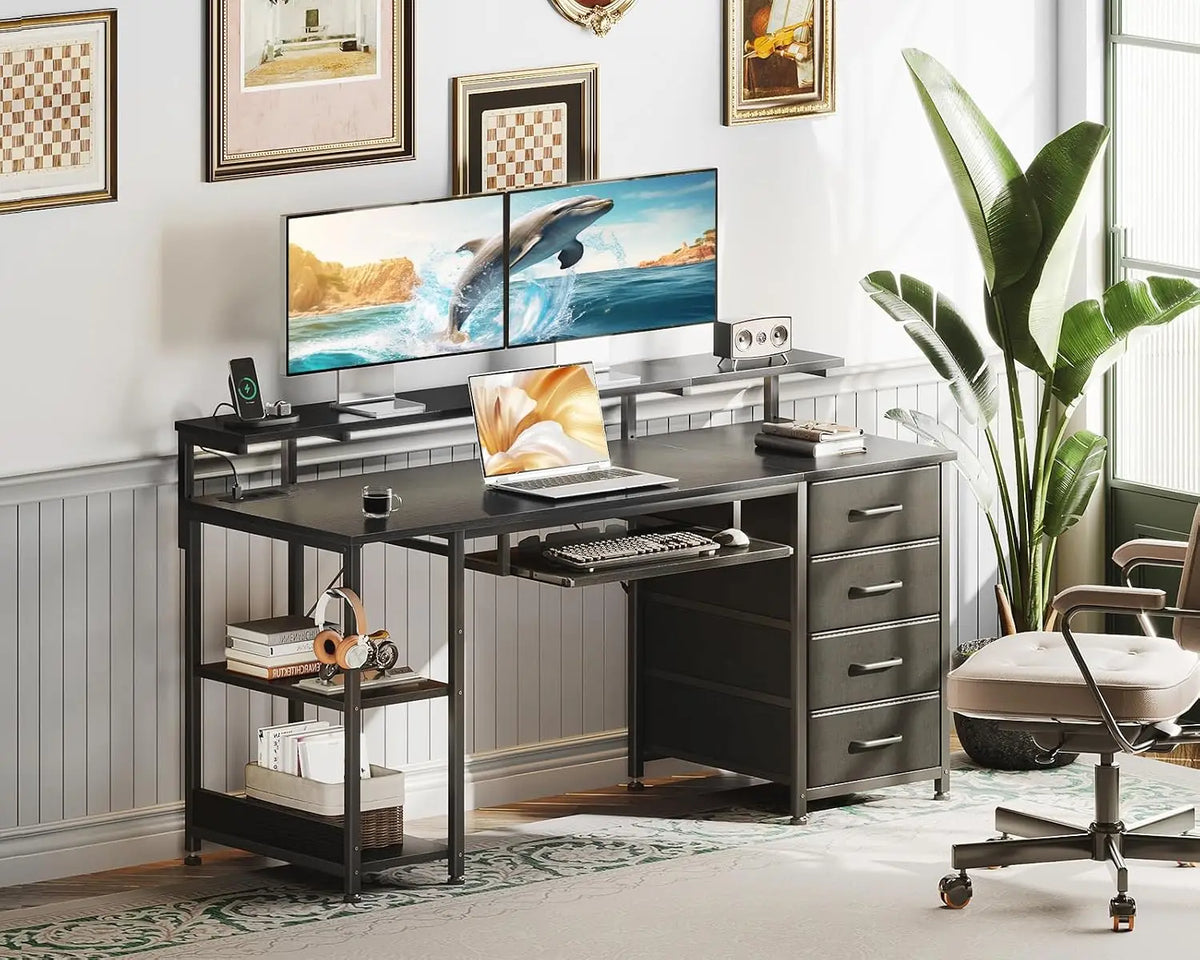 Coleshome Desk with 4 Drawers, 140X52X92Cm Computer Desk with Power Outlet and USB Charging, Gaming Desk Desk Table with Adjustable Shelves for Home, Black