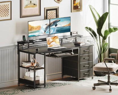 Coleshome Desk with 4 Drawers, 140X52X92Cm Computer Desk with Power Outlet and USB Charging, Gaming Desk Desk Table with Adjustable Shelves for Home, Black