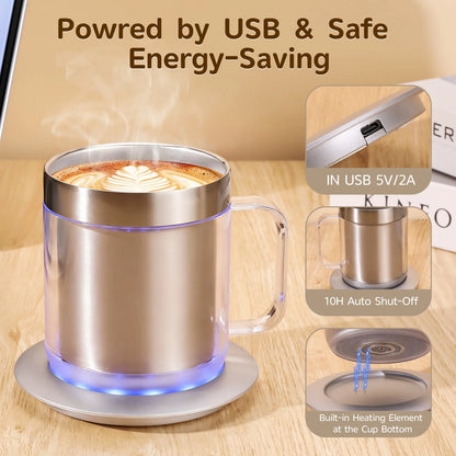 Self Heating Coffee Mug Thermos Electric Mug with Cup and Lid 55℃/131℉ Double Layer Food Grade Cup Warmer for Office/Home/Gifts