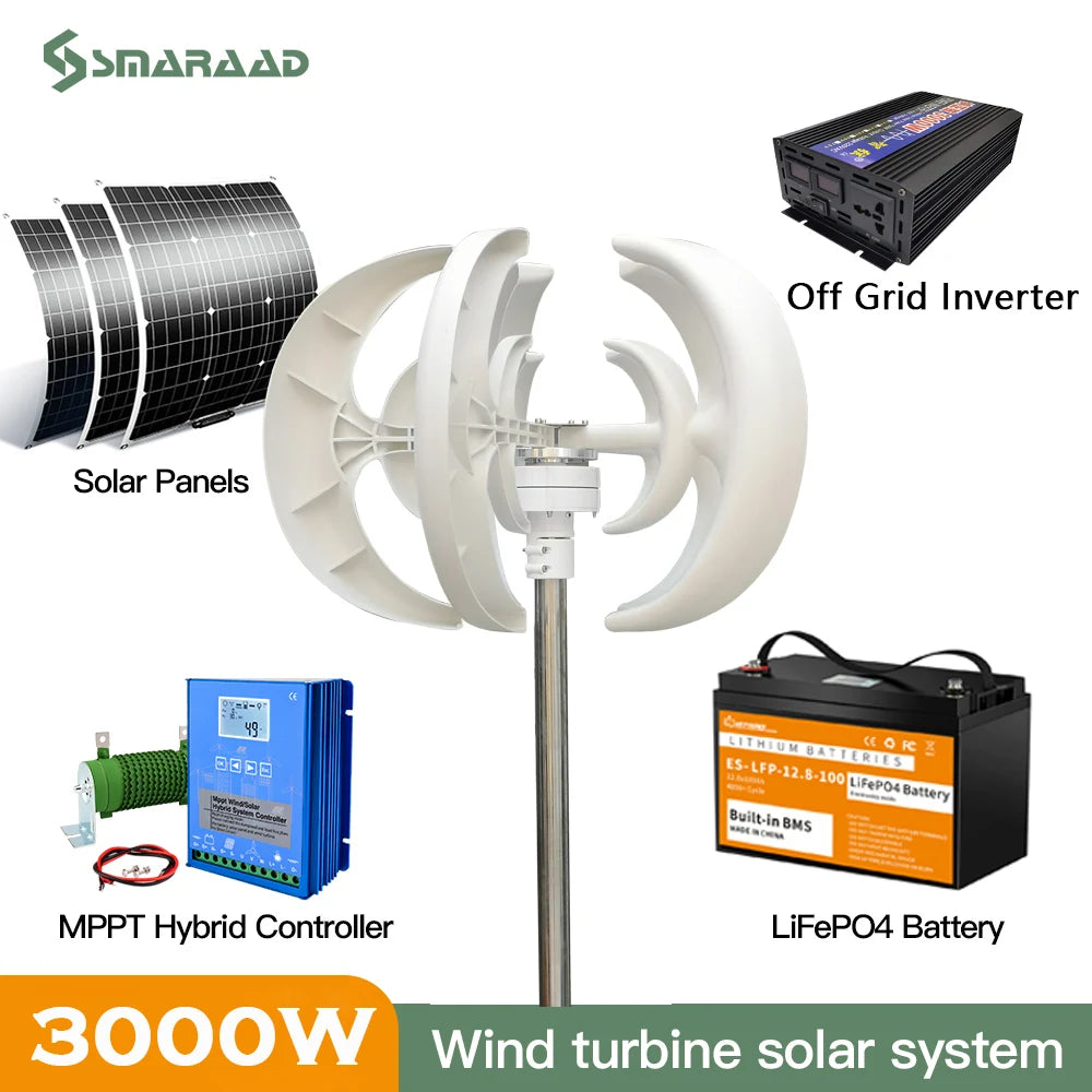 Vertikal Vindturbin 2kW/3kW 12V/24V/48V – Låg Startvindshastighet MPPT Boost, Hybrid Sol+Vind eller Off-Grid Ren Sinusvåg 220V