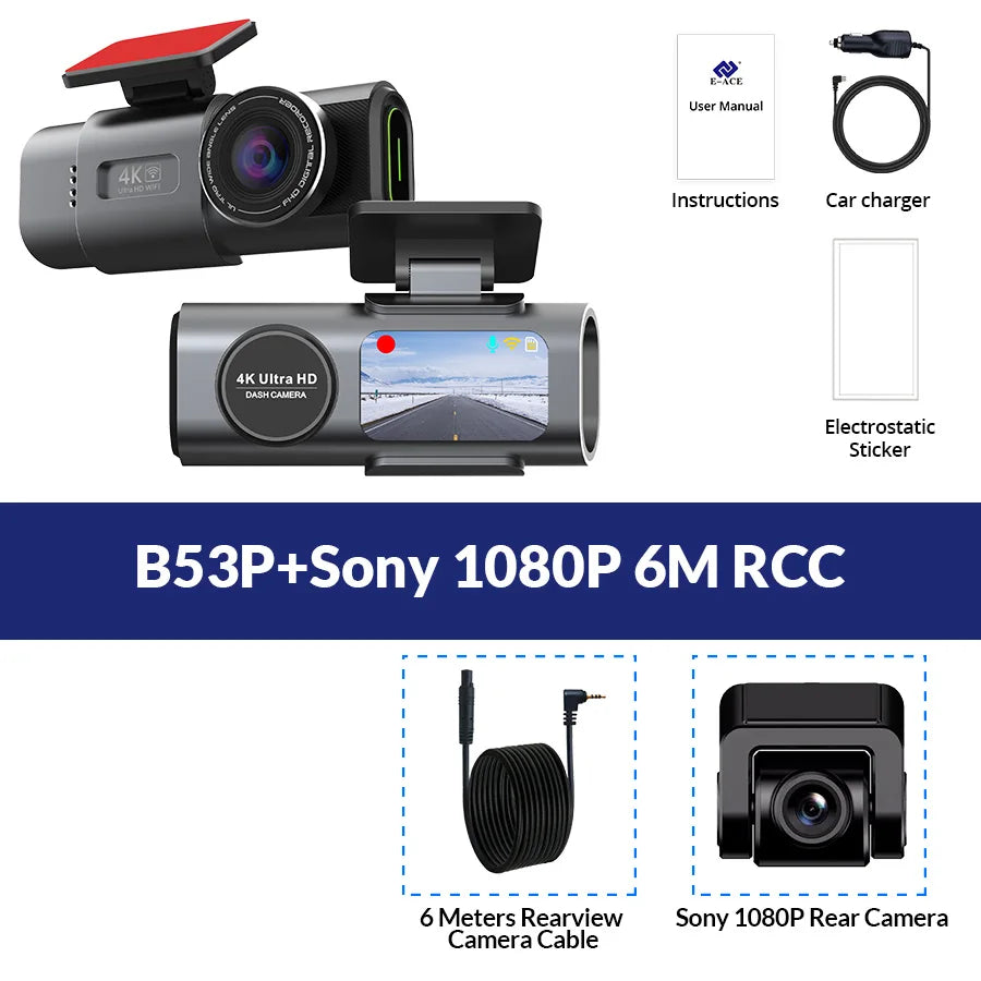 B53P 4K Dashcam med WiFi, GPS och Sony Nattseende – 170° Framkamera + Valfri 1080P Bakåtkamera