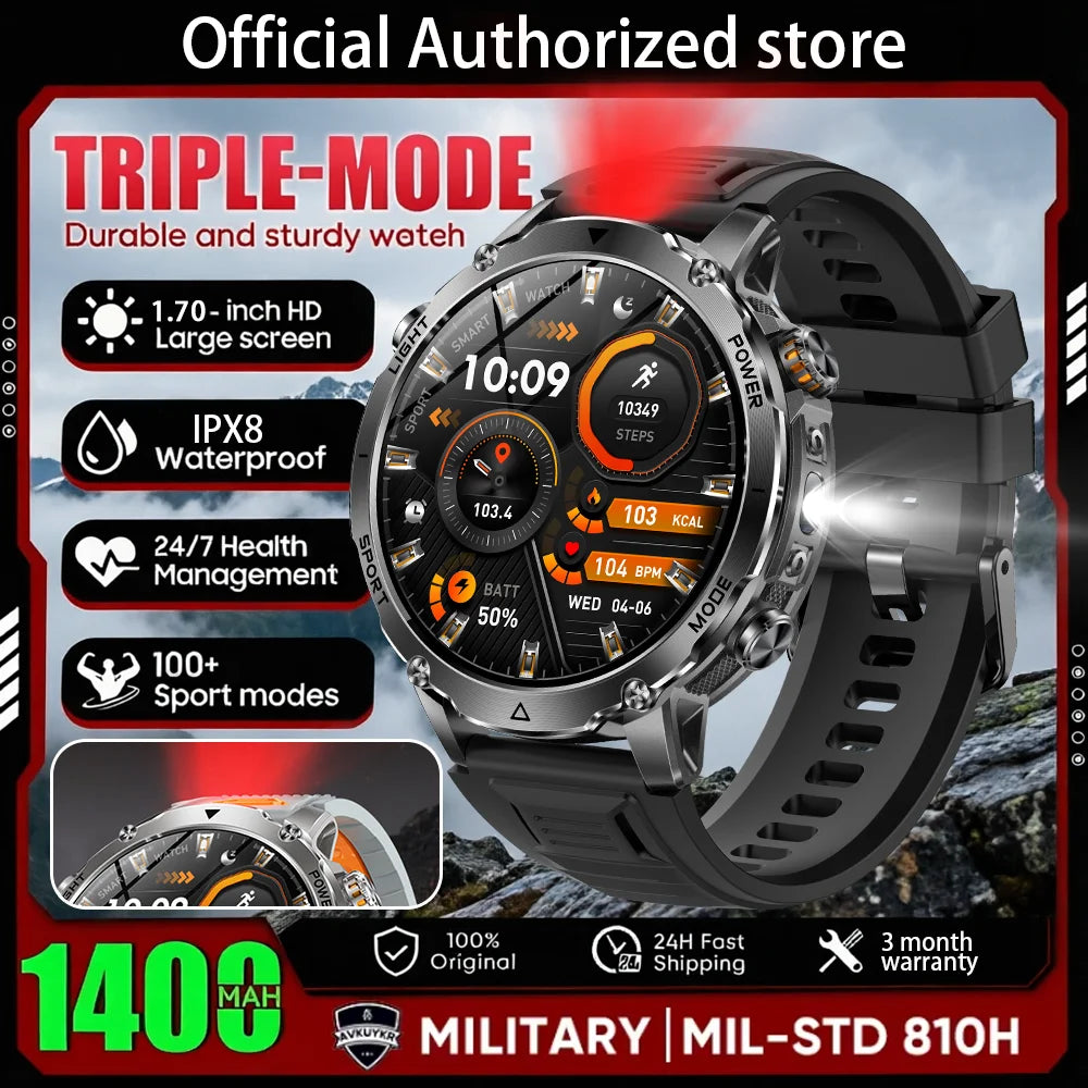 New 1400 mAh Battery Military Smartwatch Men IP68 Waterproof Flashlight Health Monitor Sports Call Smart Watch For iOS Android