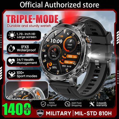 New 1400 mAh Battery Military Smartwatch Men IP68 Waterproof Flashlight Health Monitor Sports Call Smart Watch For iOS Android
