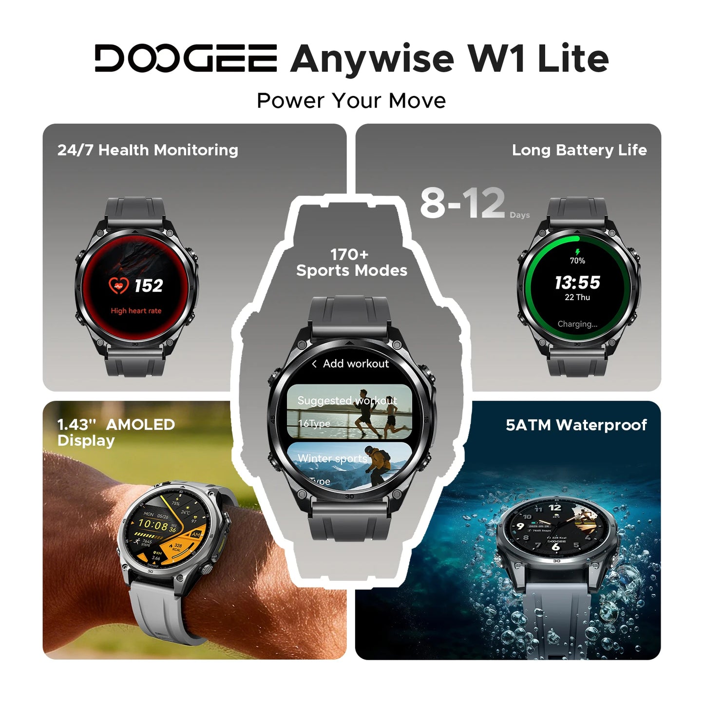 DOOGEE Anywise W1 Lite Smartklocka – 5ATM Vattentålig, 178 Sportlägen, Puls & SpO₂, EU-lager