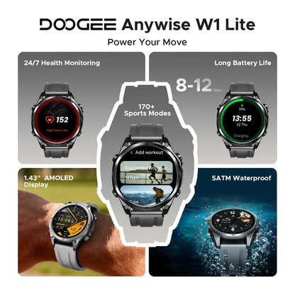 DOOGEE Anywise W1 Lite Smartklocka – 5ATM Vattentålig, 178 Sportlägen, Puls & SpO₂, EU-lager